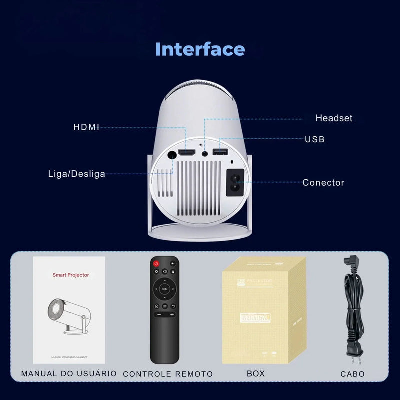 Mini Projetor Portátil 4K com AndroidTV e Espelhamento