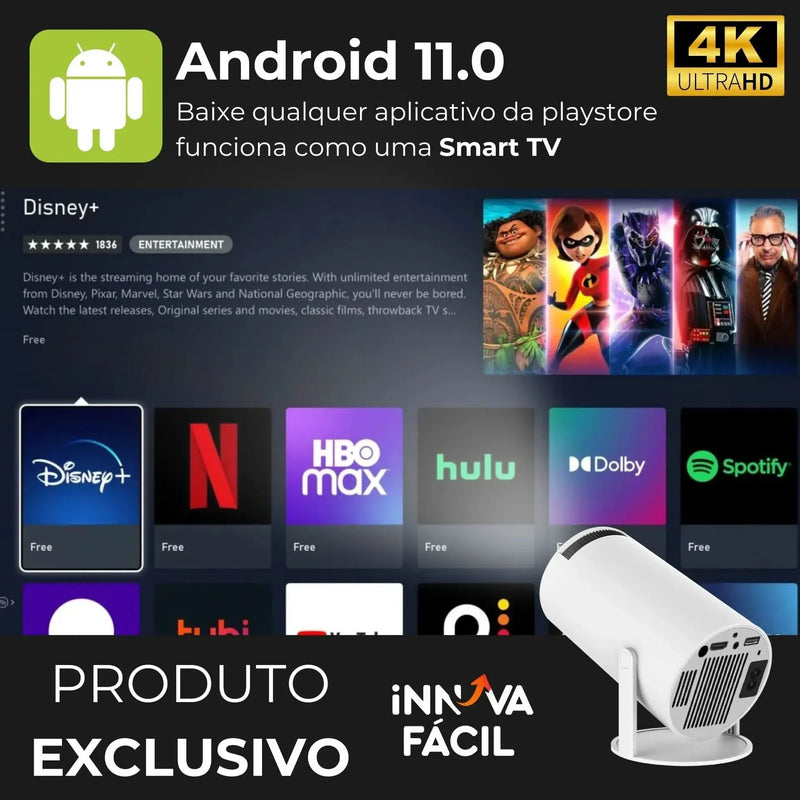 Mini Projetor Portátil 4K com AndroidTV e Espelhamento